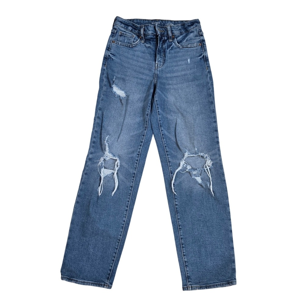 Old Navy Girls Size 2 OG Loose High Rise Distressed Ripped Jeans Medium Wash Den